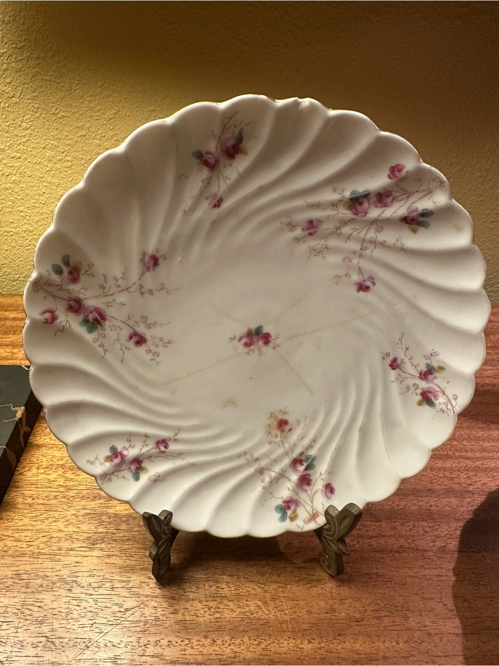 Vintage White Scalloped Porcelain Plate with Pink Floral Sprays
